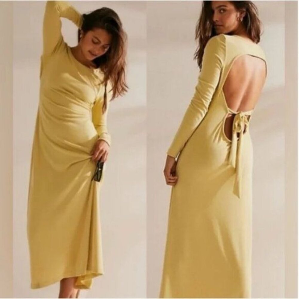 Free People Long Sleeve Open Back Maxi Dress in Mustard Yellow